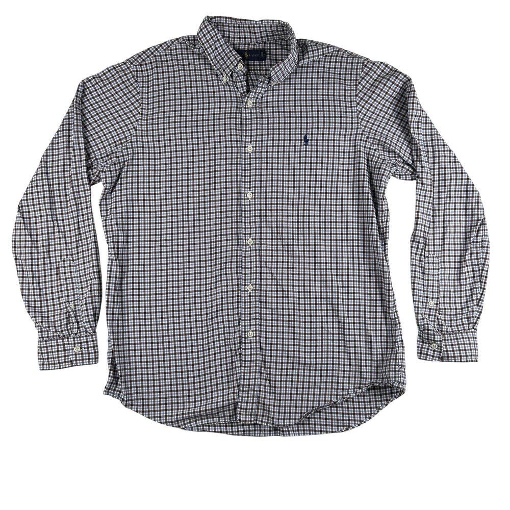Ralph Lauren Shirt Mens Large Blue Brown Check Long Sleeve Button Down Casual